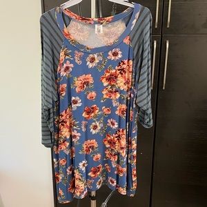 Women Plus Size Striped Sleeve Floral Printed Raglan Jersey Tunic Knit Top Tee